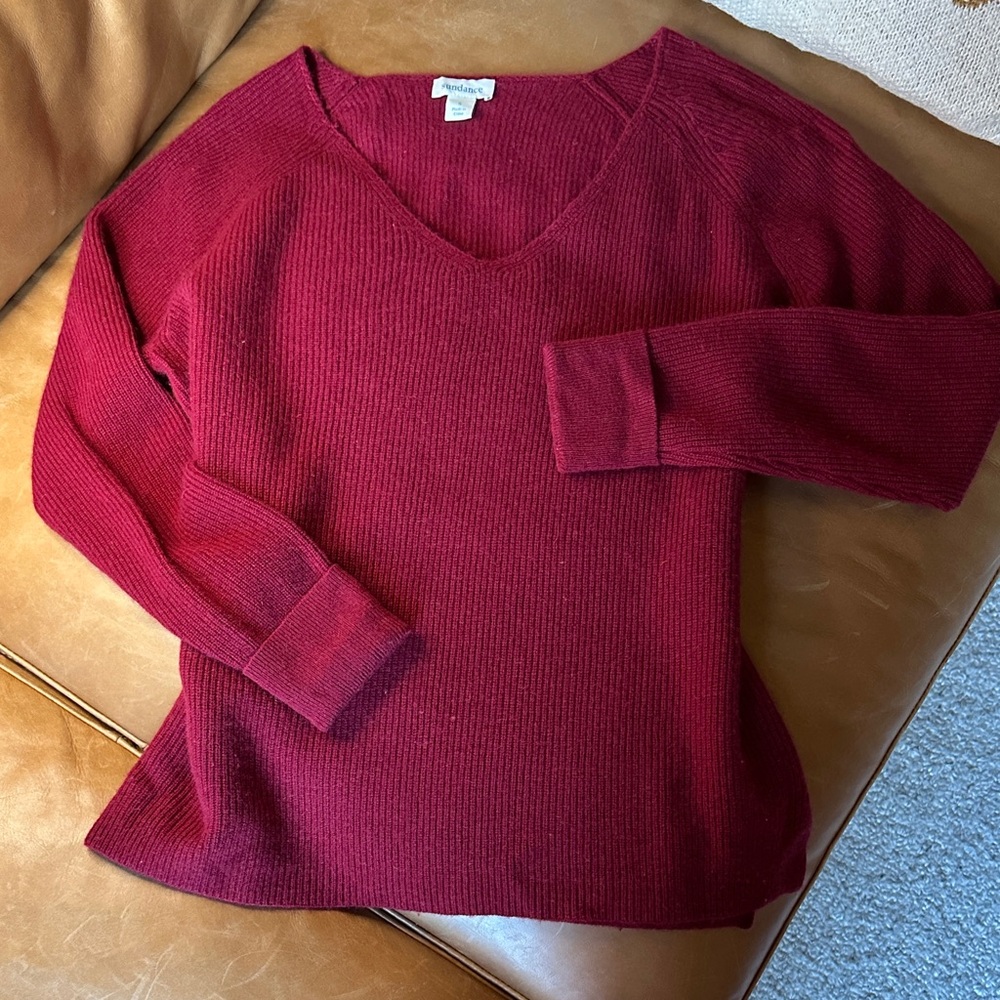 Sundance 100% Cashmere V-Neck Rich Red Wine Sweater